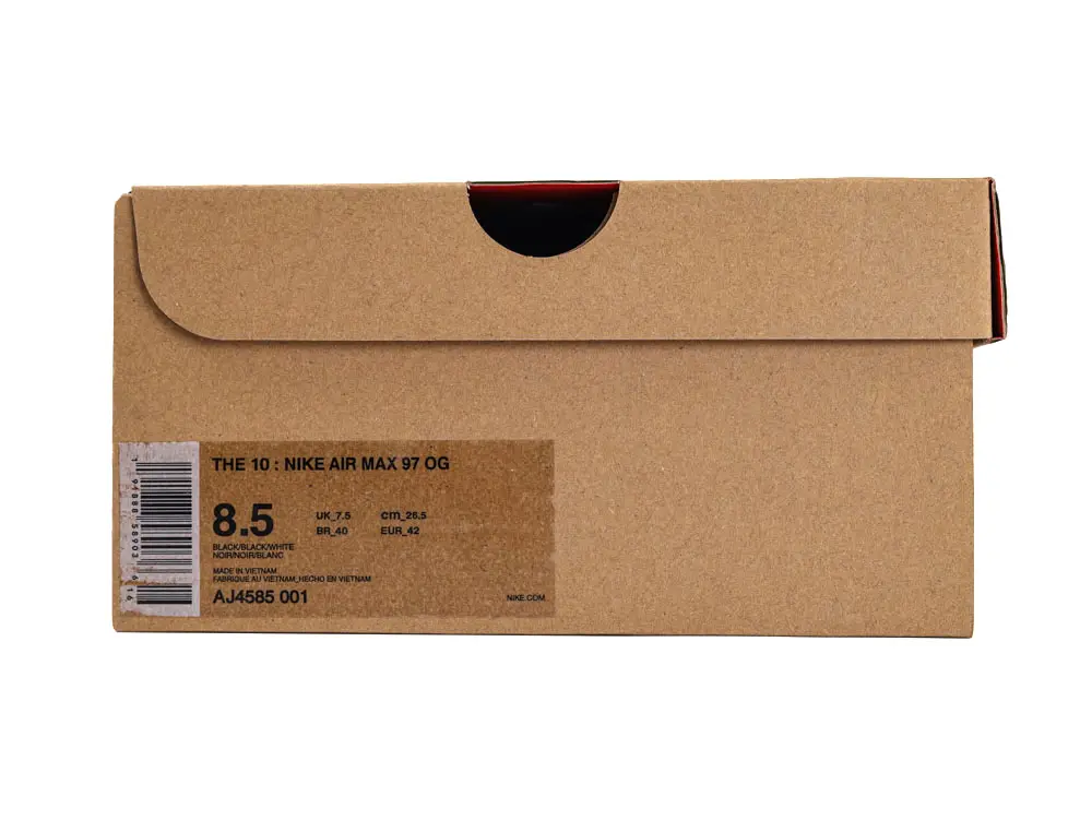 Brown cardboard Nike shoe box with size and product information label.