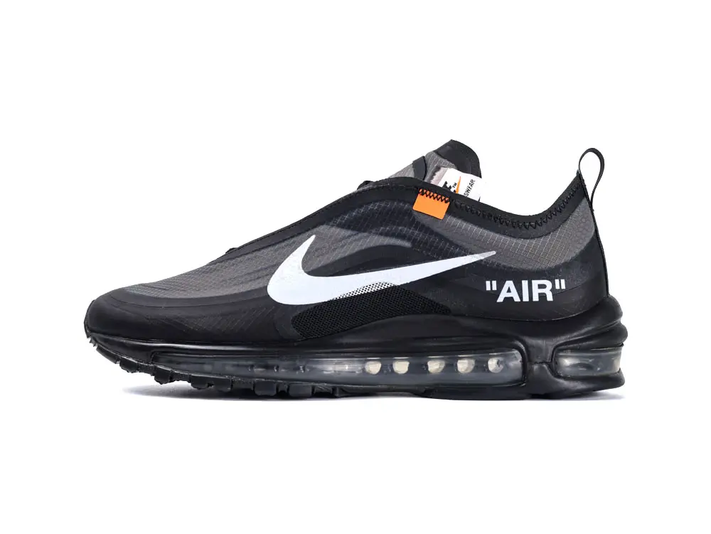 Black and gray sneaker with mesh upper, transparent air cushion, and white branding.