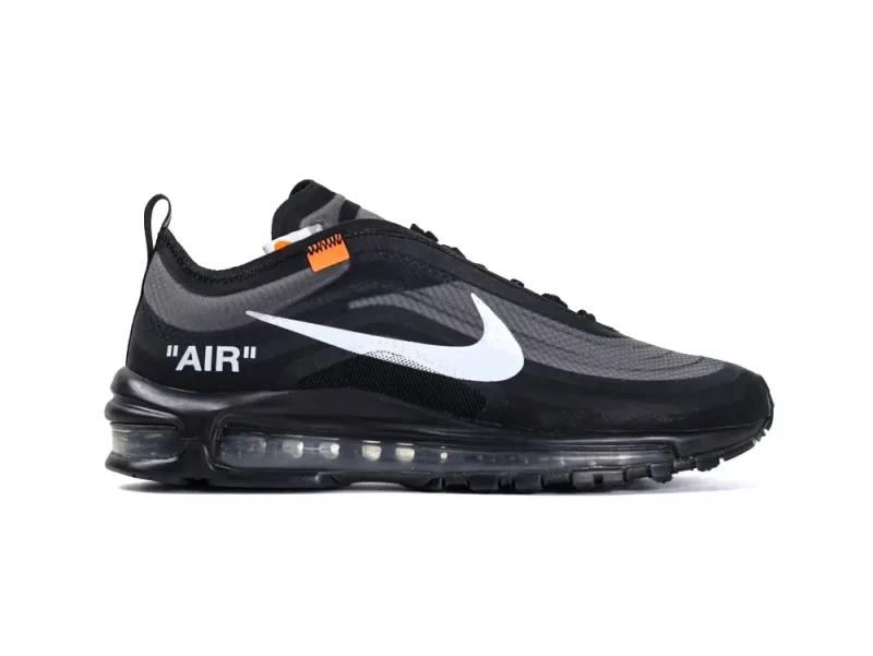 Black mesh sneaker with white logo, transparent air cushioning, and orange accent.