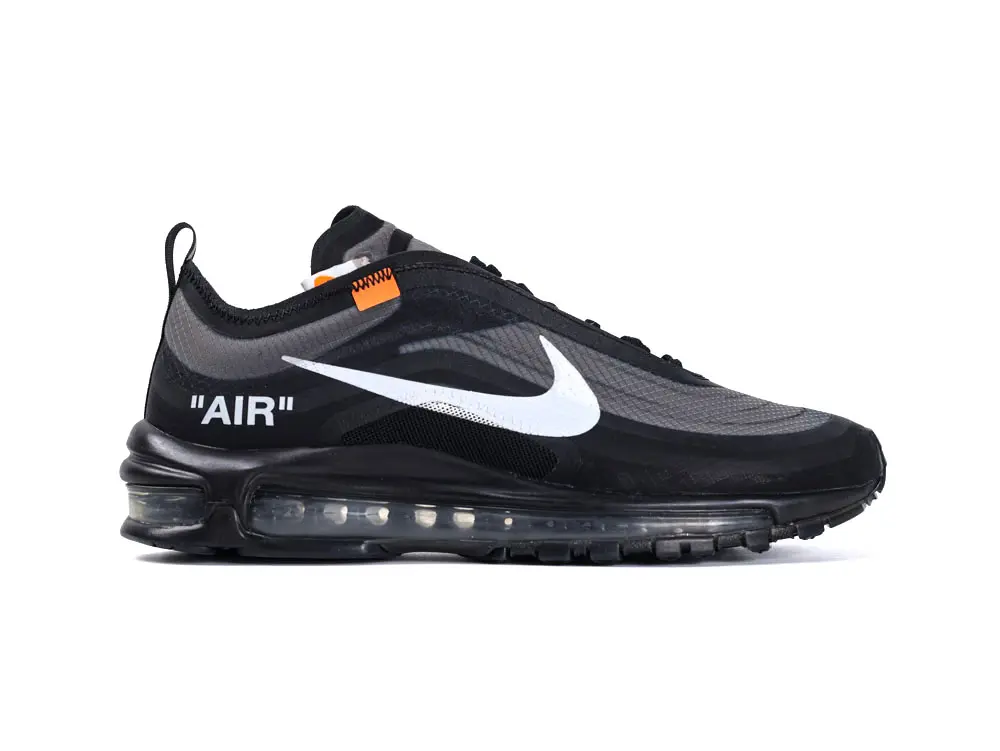 Black mesh sneaker with white logo, transparent air cushioning, and orange accent.