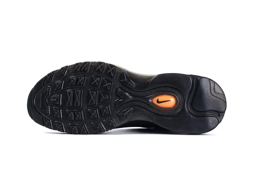 Black sneaker with mesh material, featuring a white logo and rubber sole.