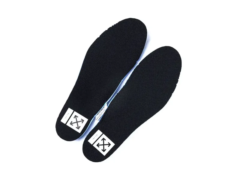 Black fabric shoe insoles with white logo at the heel area.