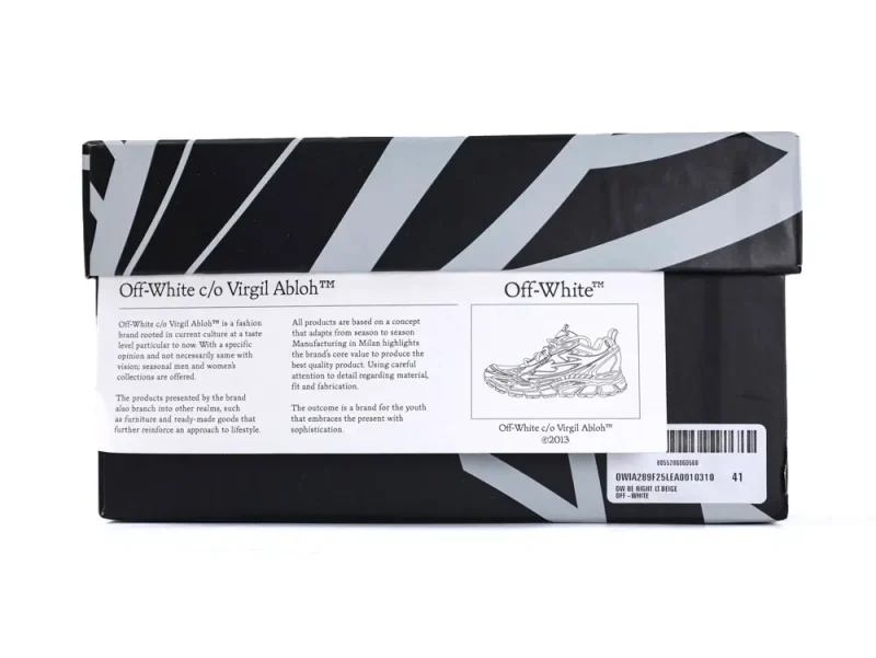 Black and gray shoe box with diagonal stripes and Off-White branding.