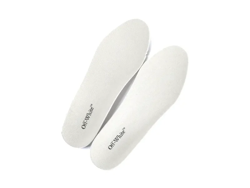 Off-white fabric insoles featuring a minimalist design and printed branding logo.