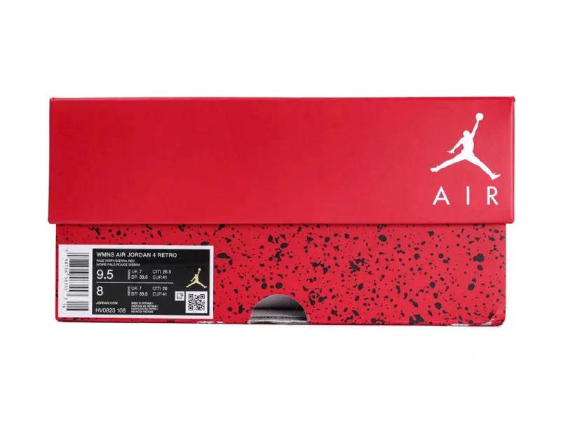 Red and black speckled cardboard shoe box with brand logo and sizing label.
