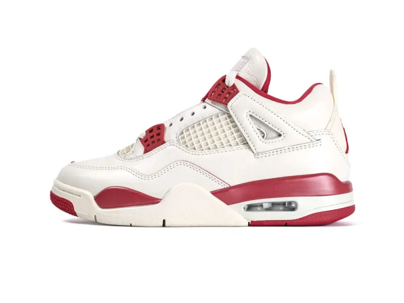 White and red leather sneaker with mesh panel and visible air cushioning.