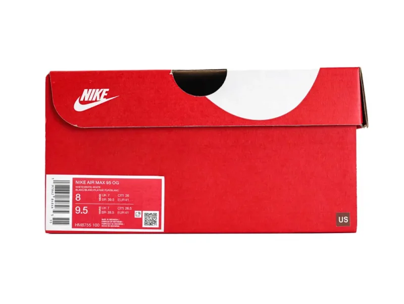 Red cardboard Nike shoe box with branding and product label on the side.