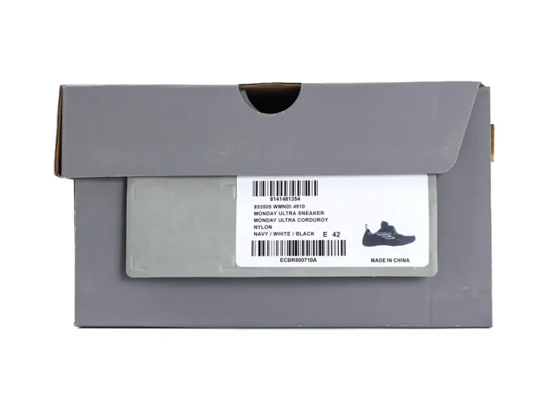Gray shoe box with label; navy, white, black sneakers inside, nylon material.