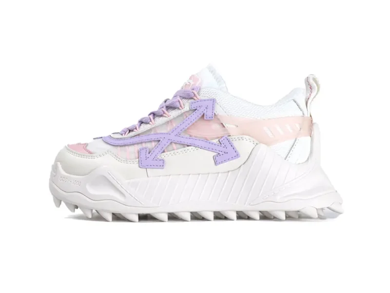White leather sneaker with purple accents, pink details, and textured sole design.