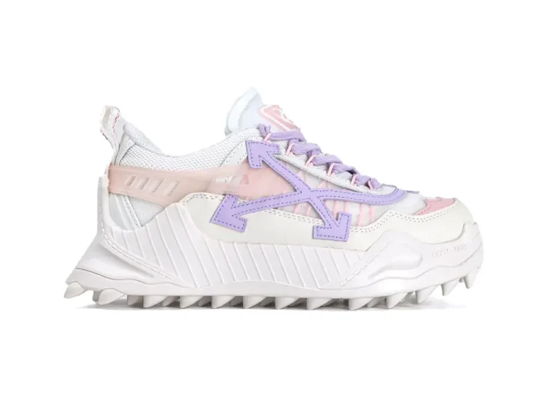 White sneaker with purple and pink accents, featuring a leather and mesh upper.