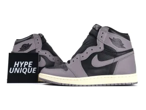 Gray and black leather high-top sneakers with contrasting sole, displayed with logo box.