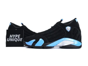 Black and light blue suede sneakers with rubber sole, displayed beside Hype Unique sign.