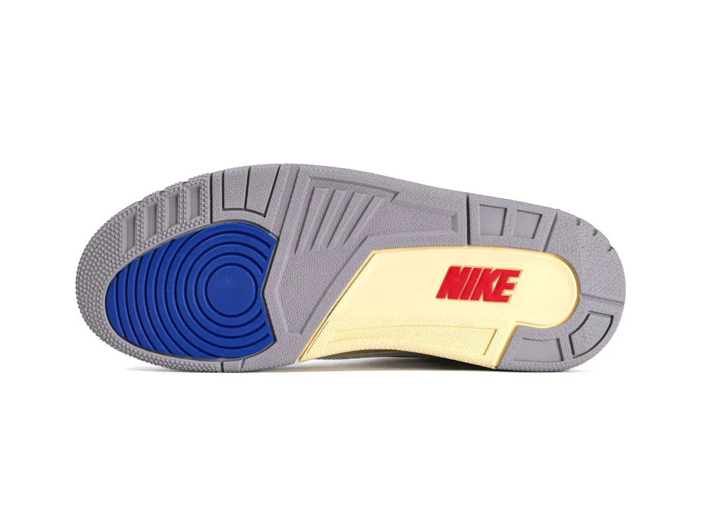 Gray sneaker sole with blue and yellow accents, featuring red Nike logo.