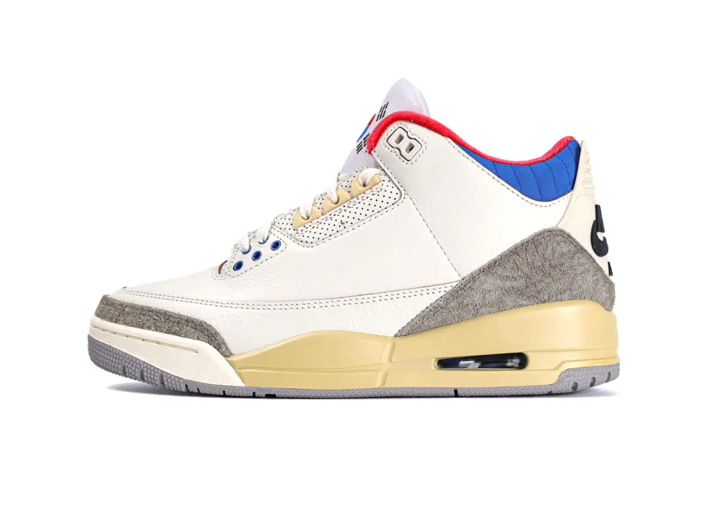 Cream and blue leather sneaker with suede gray accents and yellow midsole.