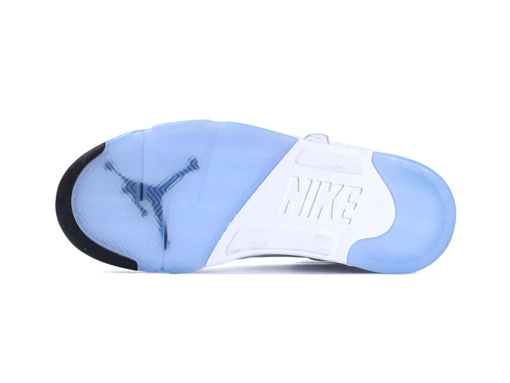 Blue and white rubber sneaker sole with logo design and grip pattern.
