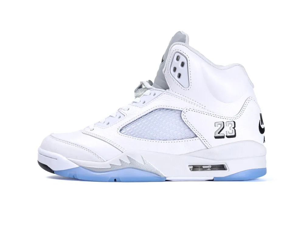 White leather sneaker with mesh side panel and blue translucent sole.