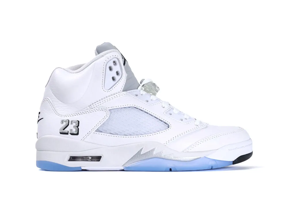 White and silver sneaker with mesh panels, leather upper, and blue translucent sole.