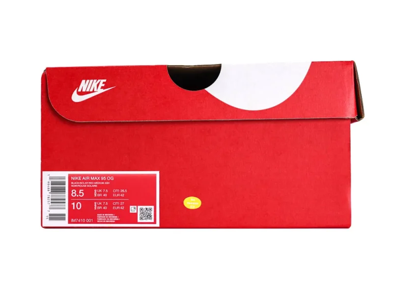Red cardboard box featuring Nike Air Max branding and product labels.