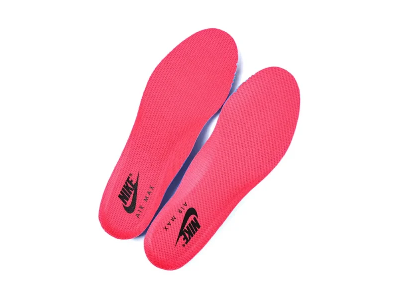 Pink foam insoles with black logo, designed for comfort and support.