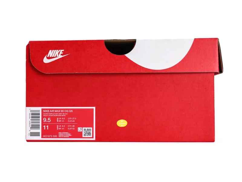Red cardboard Nike shoe box displaying size and product details.