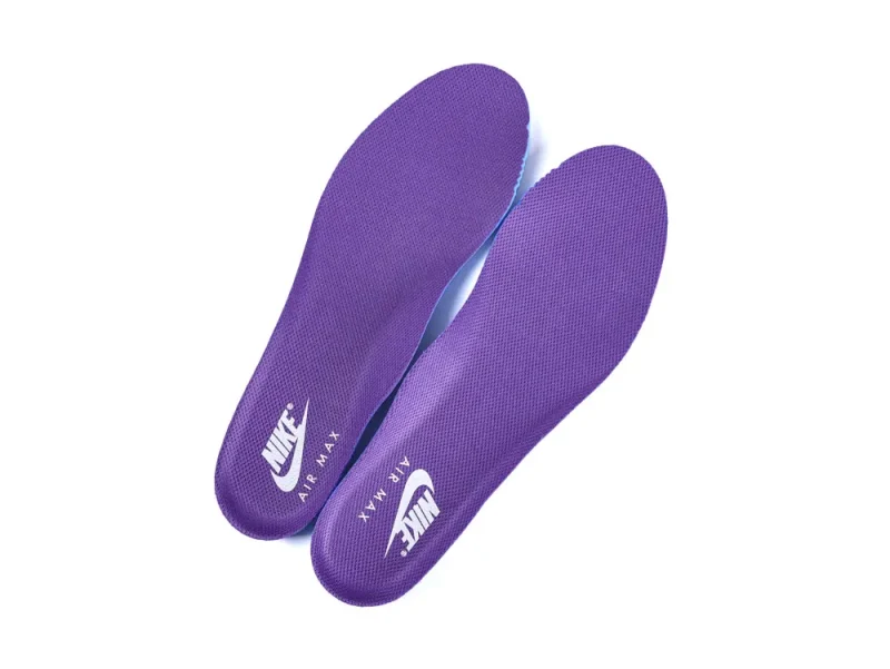 Purple soft fabric shoe insoles with white branding, designed for comfort and support.