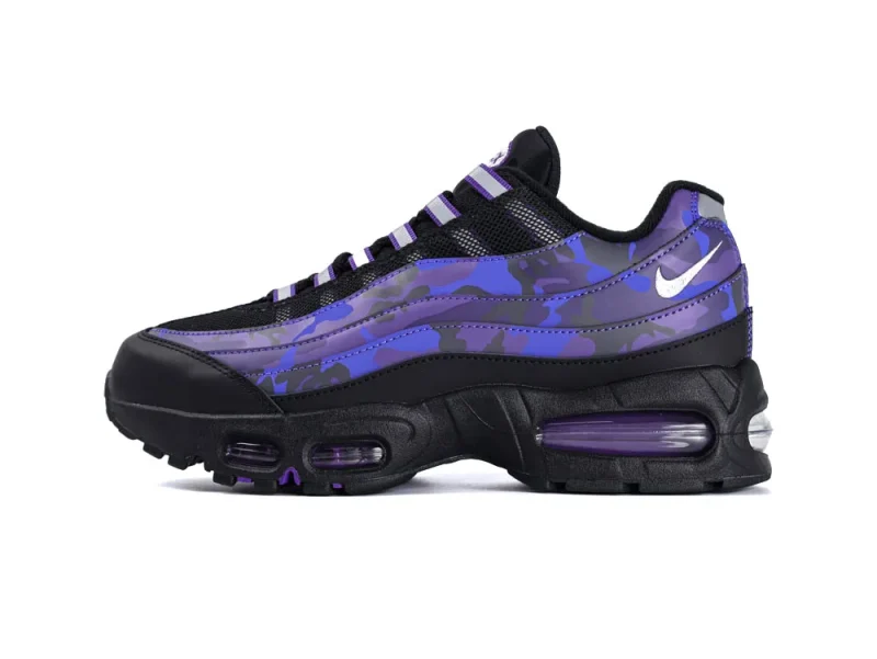 Purple and black camouflage sneaker with mesh upper and visible cushioned sole.