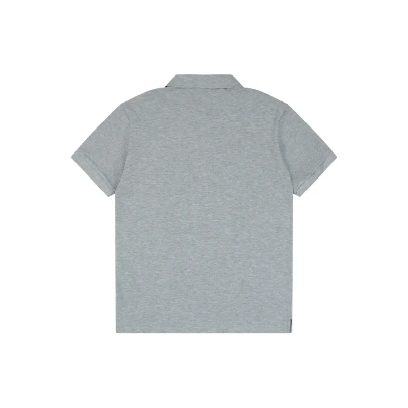 Gray cotton polo shirt with short sleeves and collar, viewed from the back.