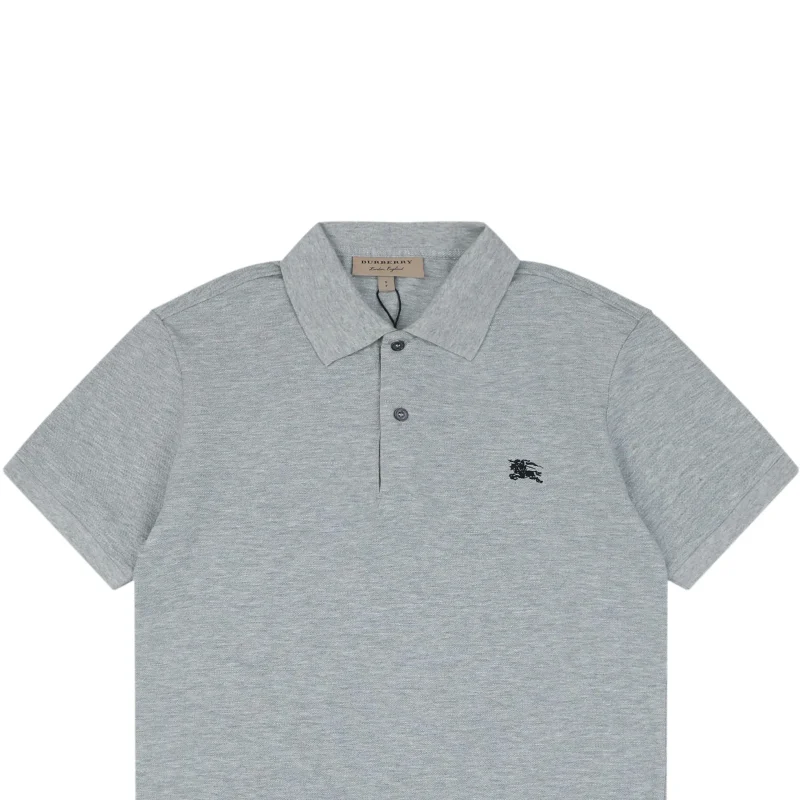 Gray cotton polo shirt with short sleeves and buttoned collar.