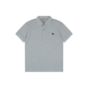 Gray cotton polo shirt featuring short sleeves and a classic collar.