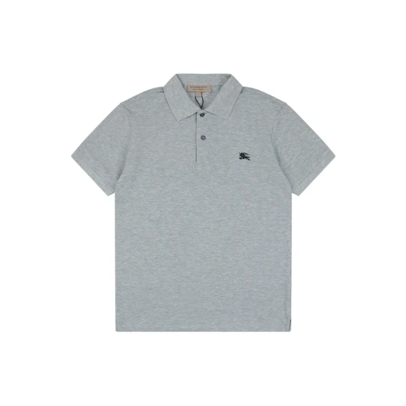 Gray cotton polo shirt featuring short sleeves and a classic collar.
