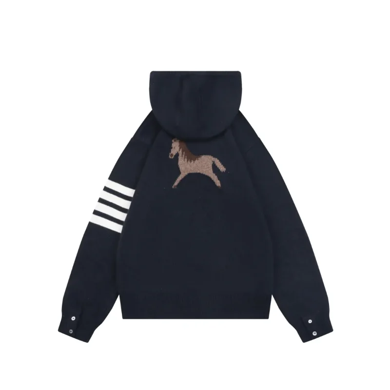Four-Bar Back Pony Hooded Jacket Navy Wool Blend Preppy Knit Hoodie Back Side Detail