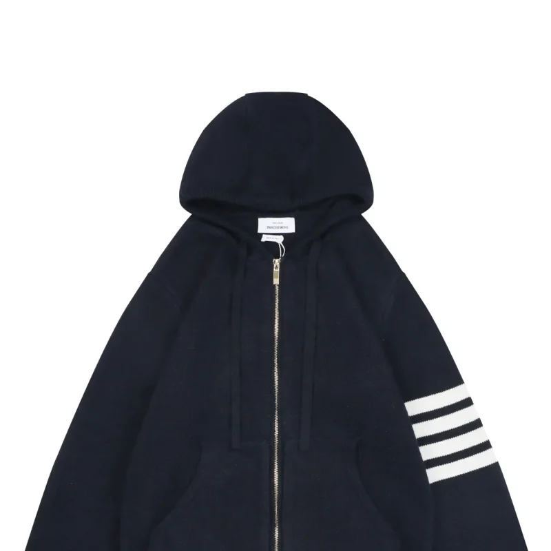 Four-Bar Back Pony Hooded Jacket Navy Wool Blend Preppy Knit Hoodie Detail
