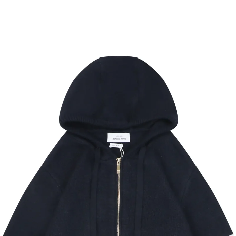 Four-Bar Back Pony Hooded Jacket Navy Wool Blend Preppy Knit Hoodie Close Out