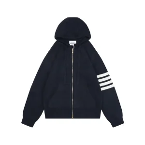 Four-Bar Back Pony Hooded Jacket Navy Wool Blend Preppy Knit Hoodie Detail