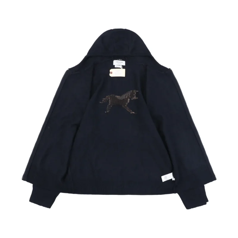 Four-Bar Back Pony Hooded Jacket Navy Wool Blend Preppy Knit Hoodie Open Detail