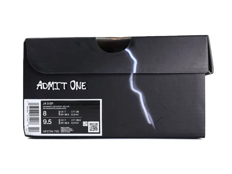 Black shoe box with lightning design, labeled sizes and text "Admit One" on cardboard.