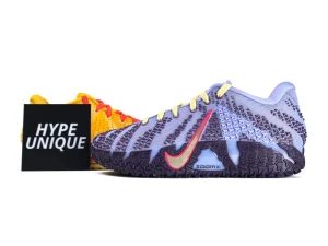 Purple mesh sneaker with yellow laces and textured sole, featuring red swoosh logo.