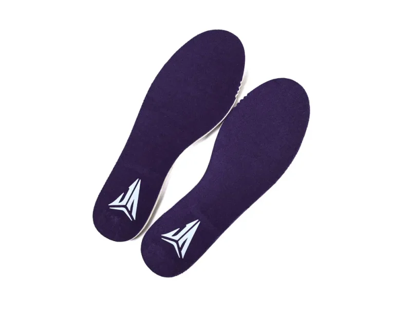 Dark purple fabric insoles with white logo, designed for enhanced comfort and support.