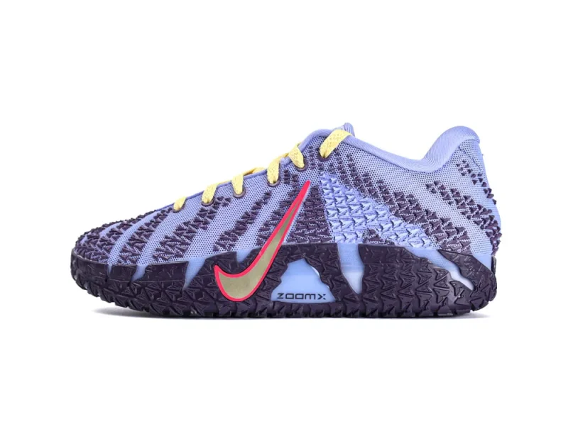 Blue and purple mesh sneakers with textured sole, yellow laces, and red swoosh.