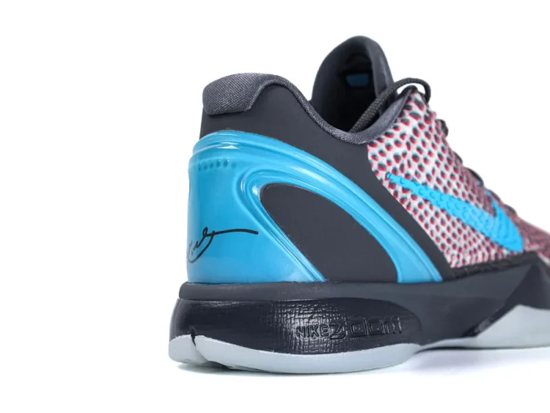Blue and black sneaker with mesh material and rubber sole, showcasing heel and logo.