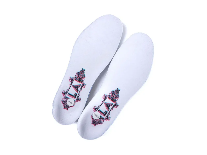 White insoles with colorful design, soft material, designed for comfort and support.
