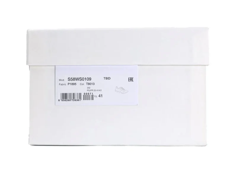 White cardboard shoe box with product label and barcode on the side.