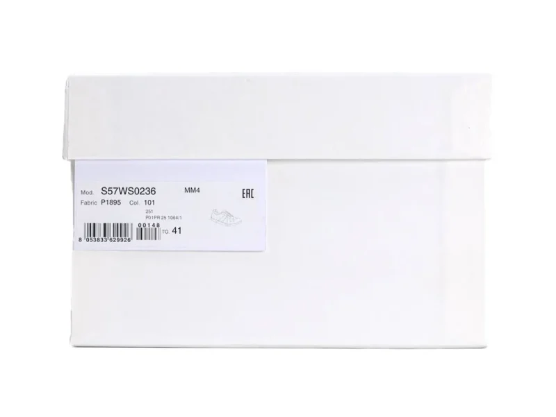 White cardboard shoe box with product label and barcode on the side.