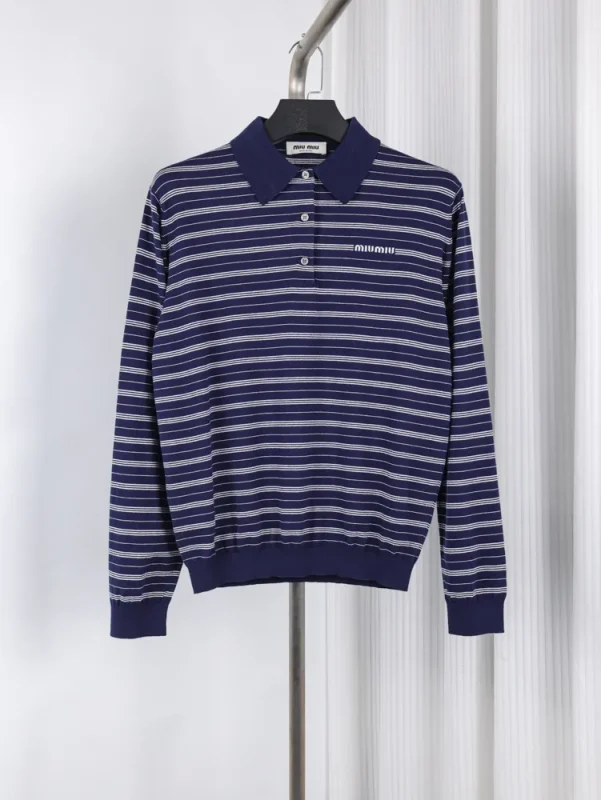MiuM Logo Intarsia Stripe Long Sleeve Polo Shirt