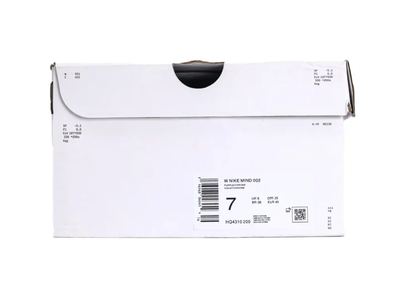 White cardboard shoe box with Nike branding and product label on the side.