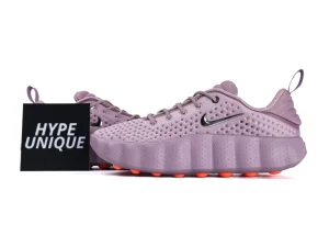 Purple perforated sneakers with orange sole accents and a sleek black logo detail.