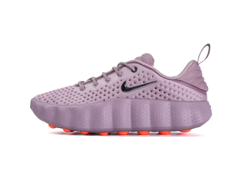 Purple sneaker with perforated material, orange sole accents, and a black logo.
