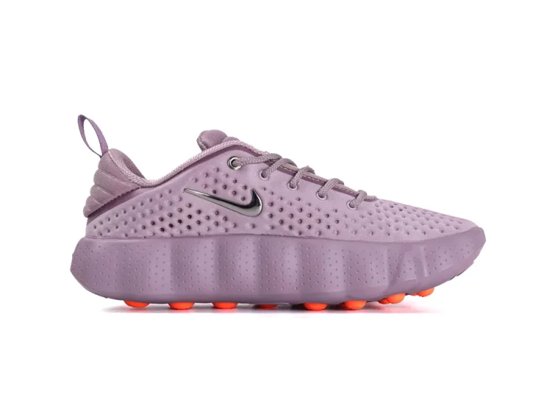 Purple sneaker with perforated material, visible laces, and orange-accented sole.