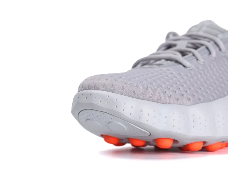 Gray mesh sneaker with rubber sole and orange grips on toe.