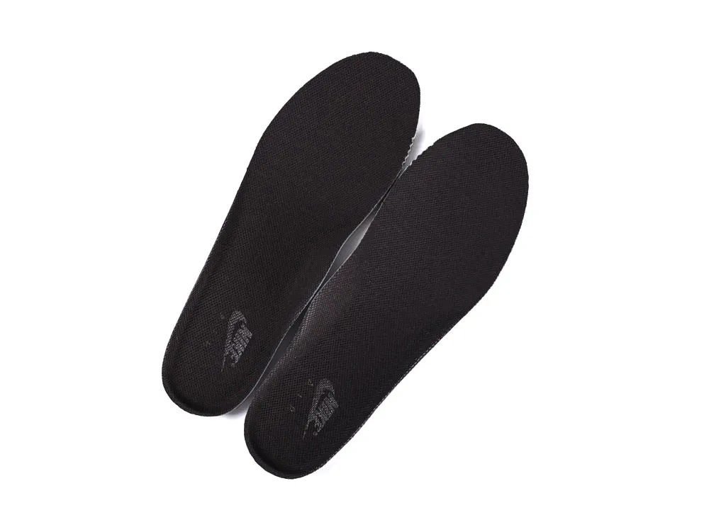 Black fabric shoe insoles, ergonomically designed for comfort and support.